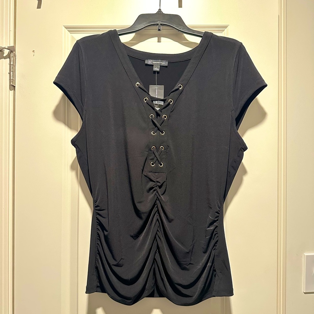 INC International Concepts Black Ruched Tie Front Blouse